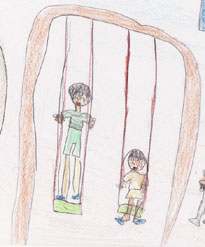 イラスト:2つ並んだブランコに兄が立って、妹が座って乗り、楽しそうに遊んでいる様子