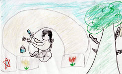 イラスト:馬蹄形の砂場でスコップやバケツを使って遊ぶ車いすの女の子。砂場はテーブルのようにレイズされ、壁にはチューリップや星の絵が描かれている