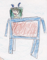 イラスト:みどりの車いすに乗る女の子が四角いテーブル状の砂場にアクセスしたところ。にっこり笑った女の子