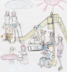 イラスト:公園で楽しそうに遊ぶおしゃれで多様な女の子達。滑り台は、友達がロープを引くと、車いすからシートに移乗した女の子が上がっていく仕掛け付き。他にも楽器を鳴らして遊ぶ制服姿の二人組など(一人は白杖を持っている)