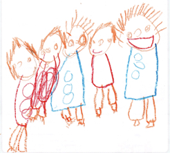 子どもの絵:クレヨンで描かれた5人の子ども。公園の遊び友達みんなで仲良く並んで笑顔。