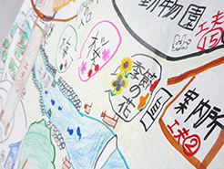写真:模造紙にカラフルなマジックで描かれた夢の UD公園の見取り図。アスレチック広場やふれあい動物園のほか小川や森もあり、子どもから大人まで楽しく遊べるよう工夫がいっぱい。