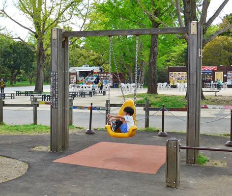 写真:ブランコの全景。男の子が乗っている。