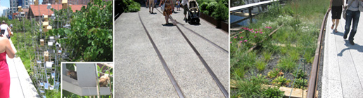 ハイラインの歩道脇にある施設の写真2枚。エレベーターと階段のある写真と、トイレの写真。