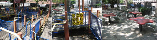 公園施設の写真3枚。複合遊具は床面が木製で、鉄製の手すりや柱は赤、青、黄のカラフルな配色。○、×、無しが表示できる3×3配置の9個の回転ユニットのあるプレイパネル。四葉のクローバー形のテーブルが3台。ベンチが両側にある1台と片側だけの2台。