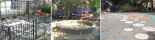 公園施設の写真3枚。体のすっぽり入るブランコ4つとプラスチック製のシート型ブランコ1つが一列に並ぶ。円形の砂場の淵は、幅30センチ、高さ40センチ程度のコンクリート製。アスファルトの地面に直径30センチ程度の円形レリーフが30個程度埋め込まれ、複合遊具まで線状に配置されている。レリーフにはヒトデ、カニ、巻貝、魚などが刻まれている。