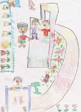 イラスト:スロープが付いた幅広の滑り台を手をつないで滑る笑顔の女の子二人。スロープと滑り台の間には色とりどりの花