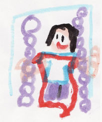 イラスト:紫色の鎖と赤い背もたれの付いたブランコに乗って楽しむ女の子