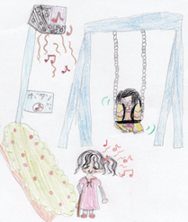 イラスト:花壇の脇で、目を閉じて杖を持った女の子が鼻歌を口ずさんでいる。花壇の反対側には押しボタンの付いた支柱と、その上に音楽が流れ出るスピーカー。隣の椅子型ブランコでは、シートベルトを付けた女の子が笑顔で揺れている」