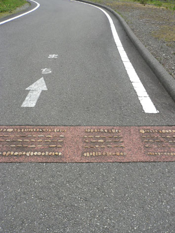 写真:歩道を横切る、玉石で作られた点字ブロック